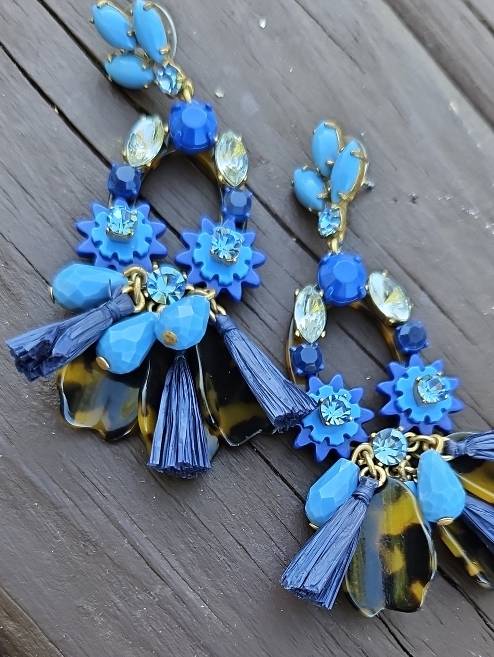 Blue Tassel Statement Earrings - Floral Crystal Drop